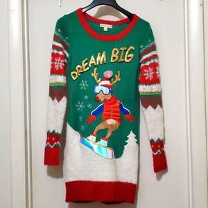 Snowboarding REINDEER Holiday Festive Christmas Sweater Sz L